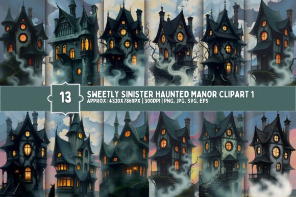 Unleash Gothic Elegance with Sweetly Sinister Haunted Manor Clipart 1